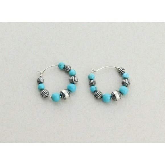 Sterling Silver Created Turquoise Bead Hoop Earrings - Picture 7 of 7